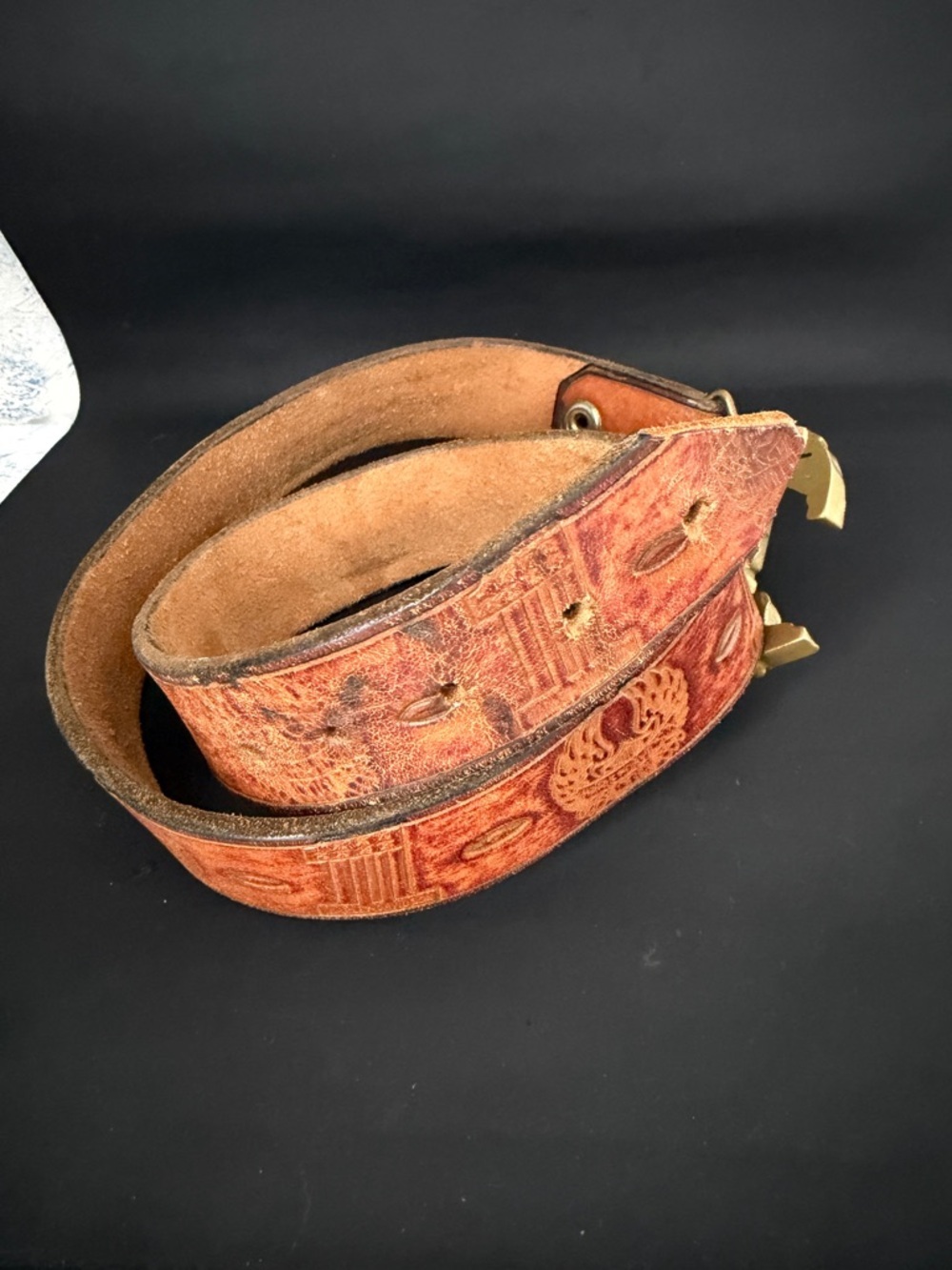 Harley Davidson Solid Brass Brown Leather Belt with Gold Motorcycle Buckle - Picture 9 of 10